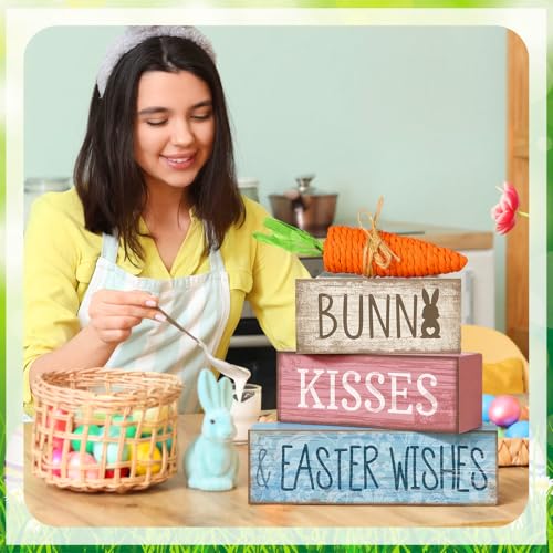 Moucuny 4 Pcs Easter Table Decoration Wooden Block Carrot Decor Easter Tiered Tray Decoration Cute Bunny Centerpiece Rustic Carrot Sign Gift for Holy Week Kitchen, Party, Entryway Fireplace Decor - style: Easter