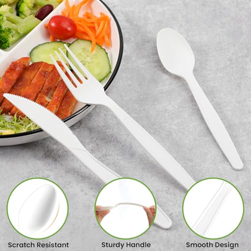 Compostable Utensils Set (300Pack), Heavy Duty & Eco-Friendly No-Plastic Spoons, Forks, Knives Cutlery Set - 100% Disposable Cornstarch Flatware for Lounge Party Wedding BBQ Picnic Camping - size: 300Pack Utensil Set