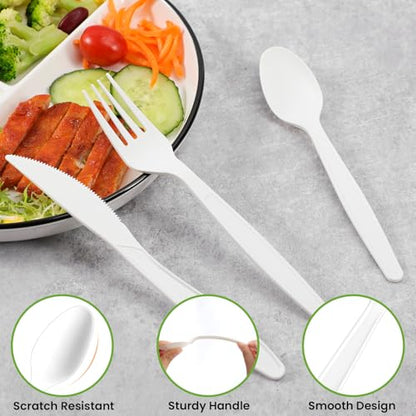 Compostable Utensils Set (300Pack), Heavy Duty & Eco-Friendly No-Plastic Spoons, Forks, Knives Cutlery Set - 100% Disposable Cornstarch Flatware for Lounge Party Wedding BBQ Picnic Camping - size: 300Pack Utensil Set