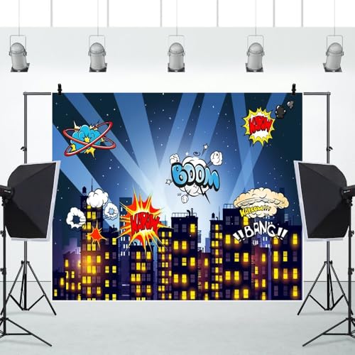 7x5ft Superhero Super City Photography Backdrops Cartoon Skyline Buildings City Boom Photo Backdrop Decorations Children Boys Birthday Party Cake Table Banner Background Studio Booth - size: 7X5FT