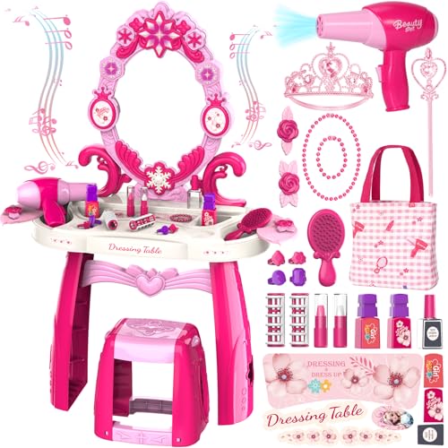 Toddler Vanity Kids Vanity Table and Chair Set, Girls Makeup Table with Mirror Lights & Music, Pretend Play Dress Up Toys with Hair Dryer, Princess Crown & Wand, Storage Bag, Gifts for Girls Age 3 4 5