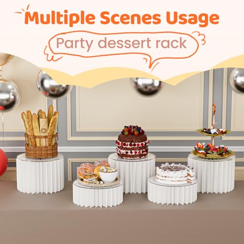 HeiMma 4 Pack Buffet Risers, FOLDABLE Accordion Food Display Risers for Dessert Table,Dessert Table Display Set, White Cardboard Cylinder Cake Cupcake Stands for Party, Multi-height, 12in Round