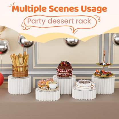 HeiMma 4 Pack Buffet Risers, FOLDABLE Accordion Food Display Risers for Dessert Table,Dessert Table Display Set, White Cardboard Cylinder Cake Cupcake Stands for Party, Multi-height, 12in Round