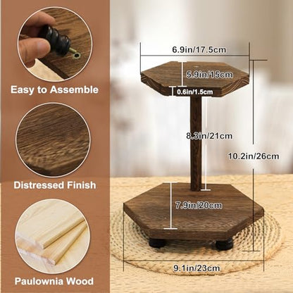 Tikea Hexagonal Wood Riser for Display, 2-Tier Rustic Wood Farmhouse Riser for Kitchen Bathroom Counter Decor, Decorative Tray for Soap Dispenser, Decorations and Plant (Brown)