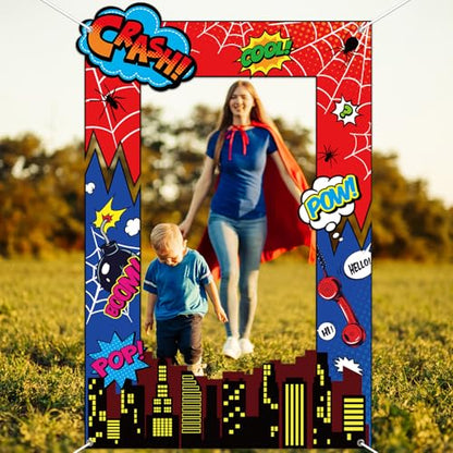 Fabric Comic Hero Photo Prop Super Theme Hero Birthday Party Decoration Red Spider Web Backdrop Banner Cityscape Theme Photo Booth Frame Background for Kids Birthday Party Supplies 62x41inch