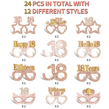 Guiruiy 24PCS 18th Birthday Eyeglasses Decorations for Girls, Pink Rose Gold Happy 18th Birthday Paper Eyeglasses Party Supplies, Eighteen Year Old Bday Glasses Decor - style: Rose Gold 18th