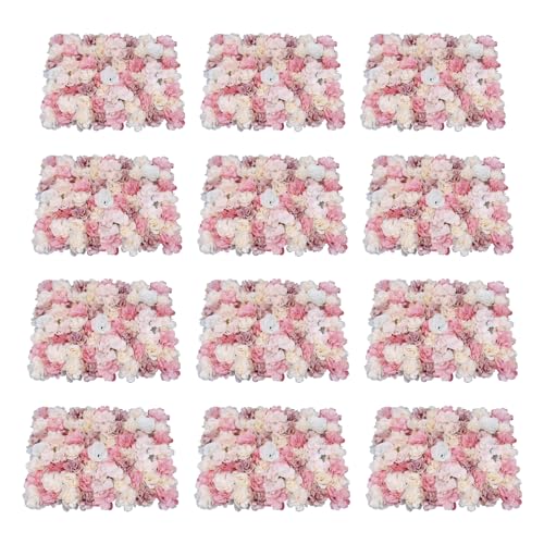 12 PCS Artificial Flowers Wall Decoration 24" x 16" Decorative Rose Hydrangea Flower Panels Flower Wall for Home Party Wedding Christmas Festival Photo Backgdrop Decor (12 Pcs, Pink+Yellow) - color: 12 Pcs, Pink+yellow