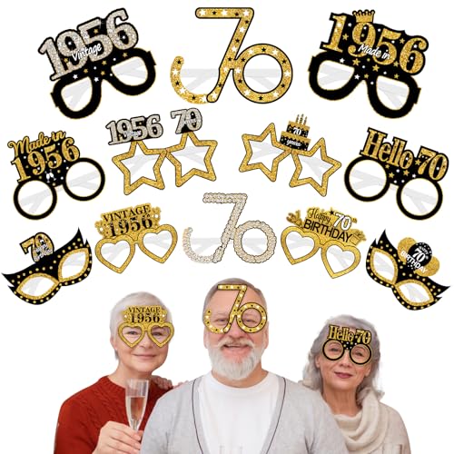 Turypaty 24Pcs 1956 70th Birthday Paper Glasses Decorations for Men Women - Black Gold Happy 70th Birthday Paper Eyeglasses Photo Props, Vintage 1956 Seventy Years Old Birthday Party Supplies - style: Black Gold 70th