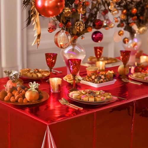 2pcs Red Foil Tablecloth 54*72 Inch Plastic Christmas Carnival Birthday Party Table Cloths Disposable Waterproof Table Cover for Graduation Anniversary Wedding Baby Shower Bridal Party Supplies - color: Red