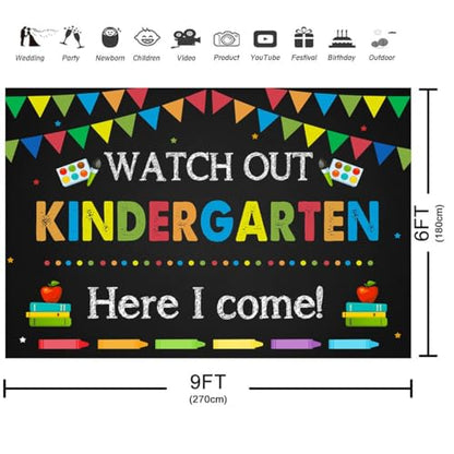 Kindergarten Graduation Backdrop 6x4ft Back to School Banner Watch Out Here I Come First Day of School Preschool Kids Classroom Party Decoration Supplies Banner Photo Booth Studio Prop - size: 9x6