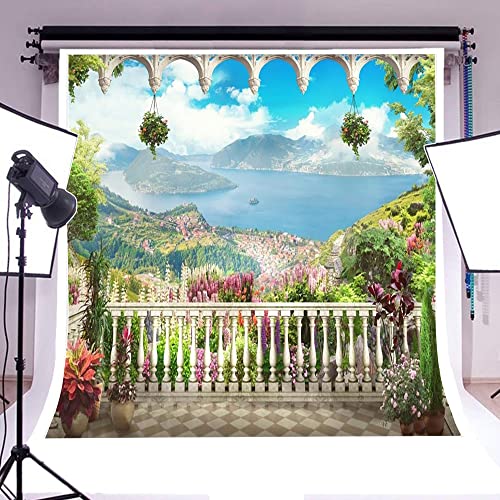 AOFOTO 8x8ft Retro Garden Terrace Backdrop Beautiful Balcony Scenery Photography Background Vintage Archway Landscape Girl Bride Portrait Seascape Romantic Wedding Photo Studio Props Vinyl Wallpaper - size: 8x8ft