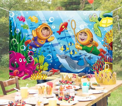 Cartoon Undersea Diving Face in Hole Backdrop 5 x 3.3 ft, Underwater World Diver Face Cutout Photo Props, Seabed Shipwreck Treasure Marine Life Photography Background for Kids Boys
