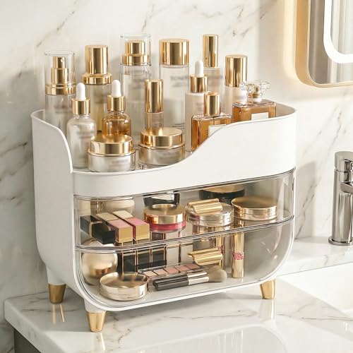 Makeup Organizer for Vanity with Large Smooth Drawers Extra Large Skincare Organizer for Bathroom Countertop and Dresser, Crystal Clear Cosmetic Storage Display Case for Beauty Products - color: White