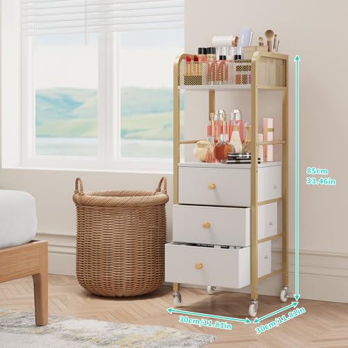 HapiRm Rolling Makeup Cart Organizer - Floor Skincare Make Up Storage with 3 Non-woven Fabric Drawers, Vanity Organizer Cosmetic Display Cases Holder for Skin Care Perfume Nail Polish Brush Hair Tool - color: Gold