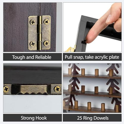 Multi-Tiered Wall Mount Ring Display Case – 25-Slot Baseball Ring Holder with LED Light, Moisture-Proof Wooden Ring Case, Multi-Functional Jewelry Rack for Championship Rings & Watches