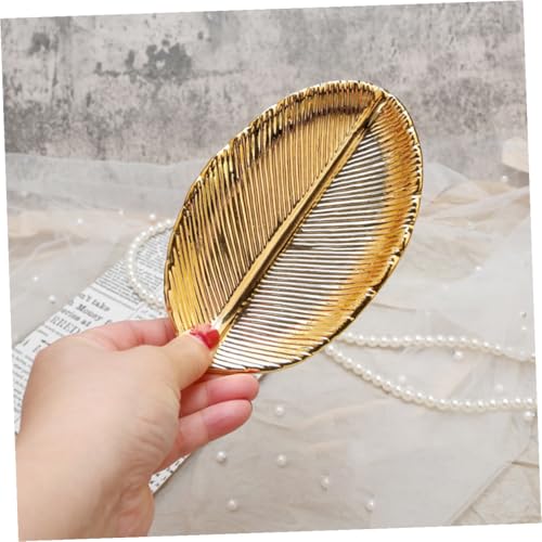 Ceramic Jewelry Organizer Tray Gold Leaf Design Nail Art Display Plate Jewelry Storage Holder Decorative Desktop Photo Prop for Vanity and Dressing Table
