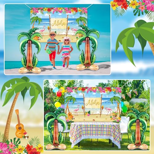 Summer Hawaiian Beach Backdrop for Aloha Luau Party Decor with Inflatable Coconut Tree Foil Balloons Hawaiian Beach Photo Booth Props Banner Palm Tree Balloon for Tropical Sea Palm Birthday Supplies