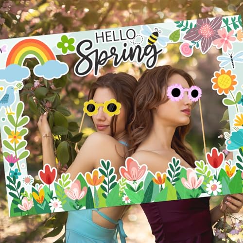 Hello Spring Party Photo Booth Props Kit- 25 Pcs Spring Photo Booth Props with 1 Paper Photo Frame for Spring Summer Easter Flower Themed Birthday Party Decorations