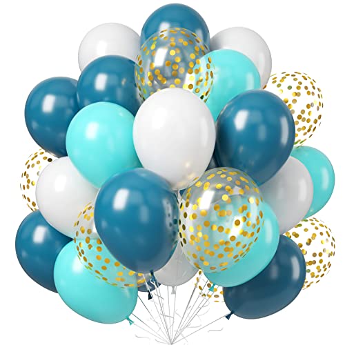 Teal and White Balloons, Turquoise Aqua Blue Party Balloon Gold Confetti Latex Balloons, Pastel Dark Teal Retro Peacock Blue White Helium Balloon for Mermaid Birthday Wedding Decoration - color: Teal White