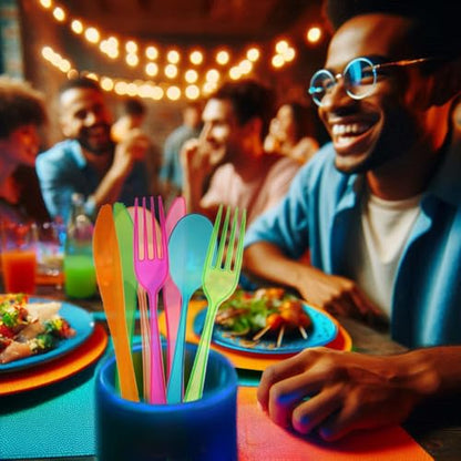 Party Essentials Heavy-Duty Hard Plastic Cutlery Combo Pack, 144 Pieces/48 Place Settings, Assorted Neon Brights - size: 144 Pieces/48 Place Settings