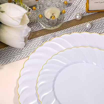 U-QE 60 Pcs White Plastic Plates with Gold Rim – Fancy Scalloped Plates Disposable - Premium Hard Plastic Plates Include 30 10" Dinner & 30 7" Dessert Plate for Party & Mother's Day - color: Gold