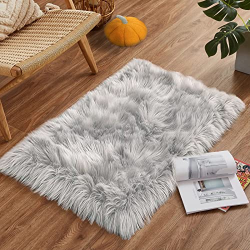 Goolela Grey Fluffy Fuzzy Furry Rug 2x3 Gray Faux Sheepskin Fur Rug for Bedroom Living Room Dorm Small Soft Bedside Carpet Plush Washable Rectangle - color: Grey, size: 2' x 3' (Rectangular)