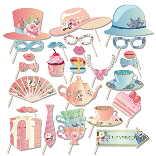 Tea Party Photo Booth 25PCS Party Supplies Holiday Picture Decorations Photo Booth Props for Party Favors Pose Sign Kit Fun for Party - color: Pink