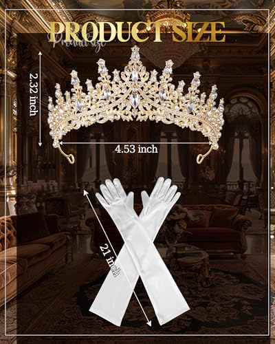Princess Tiara Crown with Satin Gloves Set Crystal Headpiece for Graduation Prom and Party Photo Props - color: Gold, style: D