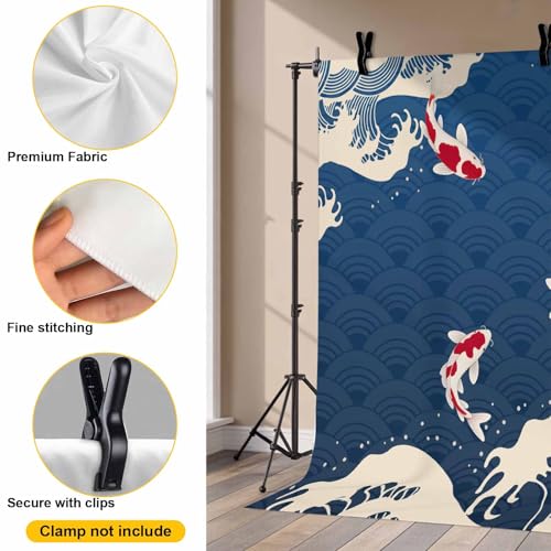 Blue Ocean Waves Backdrop for Photography, Japanese Style Red Fish Harmony Photo Backdrop Portrait Background Party Banner Photo Backgrounds for Studio Booth Props, 10x8ft - color: Blue, size: 10x8FT
