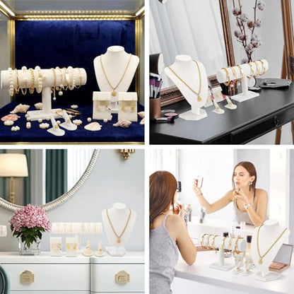 Wenqik Velvet Jewelry Display Set Necklace Mannequin Bust T-Bar Bracelet Holder 2 Earring Stands 2 Ring Holders for Showcase (White) - color: White
