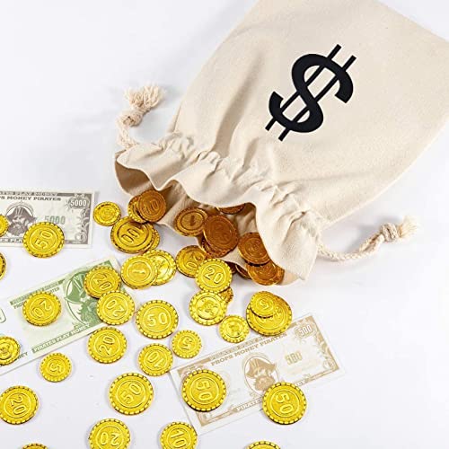 4Pcs 6.3 x 9 Inches Canvas Money Bags - Halloween Prop Money Bag with Dollar Sign, Money Sacks for Bank Robber Costume Pirate Cosplay Theme Party - size: S-6.3 x9 in