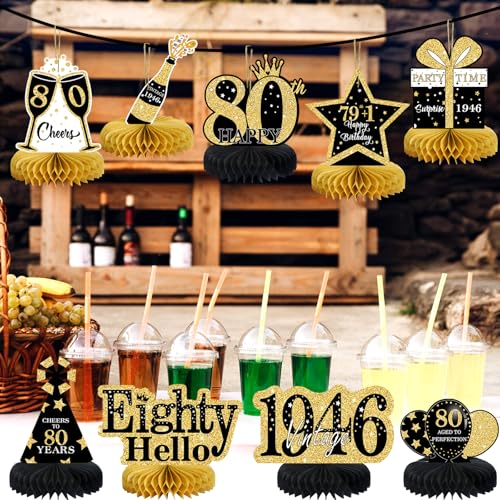 9Pcs 80th Birthday Decorations Honeycomb Centerpieces for Men Women, Black Gold Happy 80th Birthday Centerpieces Tables Toppers Party Decorations Supplies,Vintage 1946 Aged Table Sign Decor - color: Black Gold 80th