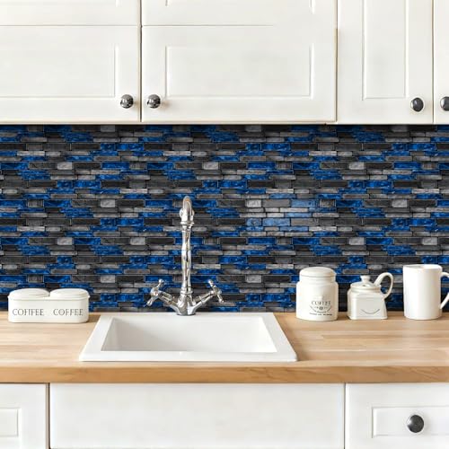 3D Textured Peel and Stick Backsplash Tiles - 20-Sheets 9.69"x4.72" Waterproof Self-Adhesive Tile for Kitchen, Bathroom - Black & Blue - color: Black&Blue