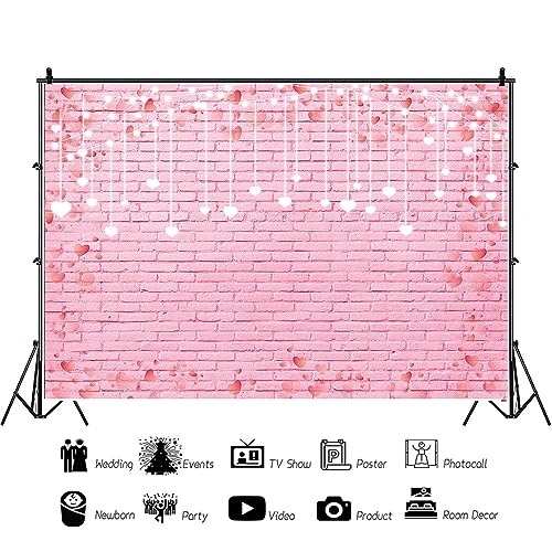 10x6ft Pink Brick Wall Backdrop Pink Love Heart Brick Texture Photography Background for Valentine's Day Bridal Shower Wedding Potrait Photo Booth Props - size: 10x6ft