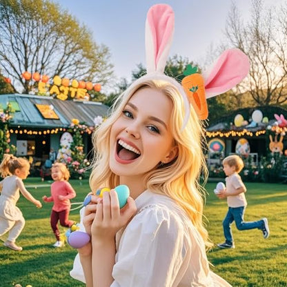 Ecuupas Easter Bunny Headbands,Pink Rabbit Ear Hairbands for Women,Orange Carrot Hair Hoop,Non-Slip Headwear Girl Hair Accessories for Easter,Makeup Cosplay Party