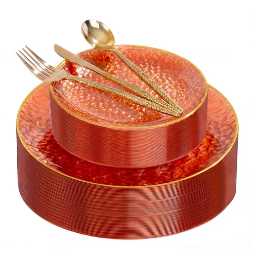 I00000 150Pcs Clear Orange Plastic Plates with Gold Rim,Orange Disposable Plastic Plates,Gold hammer patterned Disposable plates Set include 30 Dinner Plate,30 Dessert Plate,90 Silverware Set - color: Clear Orange