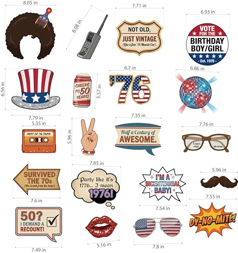 50th Birthday Photo Booth Props (20 Pcs) - 1976 Bicentennial Theme Decorations - Funny Retro 70s & Patriotic Party Supplies - Birthday Favors for Men & Women Turning 50 in 2026