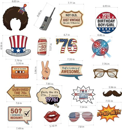 50th Birthday Photo Booth Props (20 Pcs) - 1976 Bicentennial Theme Decorations - Funny Retro 70s & Patriotic Party Supplies - Birthday Favors for Men & Women Turning 50 in 2026