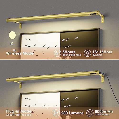 Battery Operated Wireless Picture Light，Rechargeable/Plugged in 31.5inch Painting Display Light,Remote Control Wall Lights with Three Modes and Timing for Art Frame (Gold) - color: Gold