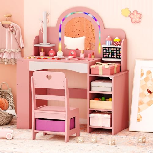 Costzon Kids Vanity, Girls Vanity Set with Lighted Mirror, Bookshelf, Jewelry Storage, Toddler Makeup Vanity Desk Dressing Table, Wooden Kids Vanity Table and Chair Set (Pink) - style: Pink