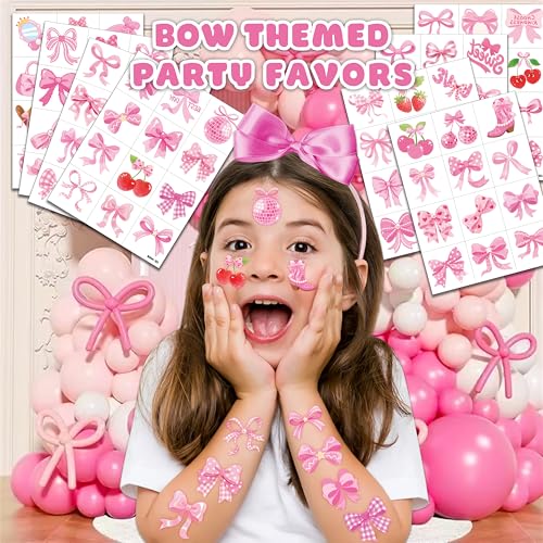 96 PCS Pink Bow Pre-Cut Temporary Tattoos for Kids | Super Cute Pink Bow Themed Birthday Party Favors, Supplies, Decorations, Fake Tattoo Stickers, School Rewards & Gifts for Boys & Girls
