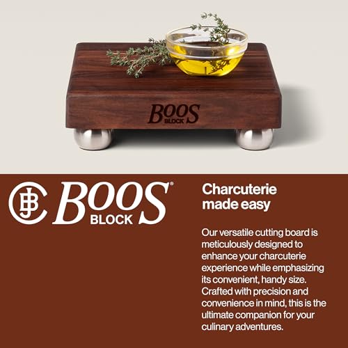 John Boos B Series Square Wooden Walnut Cutting Board 12”x12” – 1.5” Thick, 5-lb Non-Reversible Butcher Block with Stainless Steel Bun Feet & Edge-Grain - color: Walnut with Stainless Steel Feet, size: 9"L x 9"W