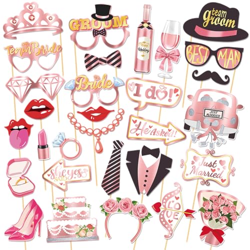 Wedding Photo Booth Props, Tumwisk 30PCS Bachelorette Party Decorations，Funny Selfie Props for Engagement Wedding Reception Party Bride Shower Decor(Pink and Black) - color: Wedding