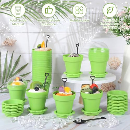 Honeydak 25 Pack Flowerpot Dessert Cup Plastic Cake Cups with Lid Shovel Spoon Mini Flower Pot Dessert Cups Ice Cream Yogurt Cupcake Holder Containers for Birthday Party Supplies DIY Baking (Green) - color: Green