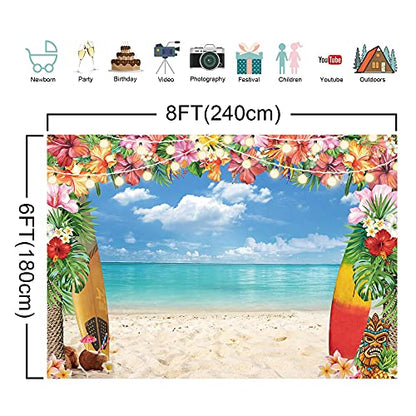 8x6ft Summer Hawaiian Beach Backdrop for Photography Tropical Flower Luau Aloha Backdrop Blue Sky Ocean Palm Leaves Background Birthday Hawaiian Party Decorations Supplies Photoshoot - size: 8'x6'