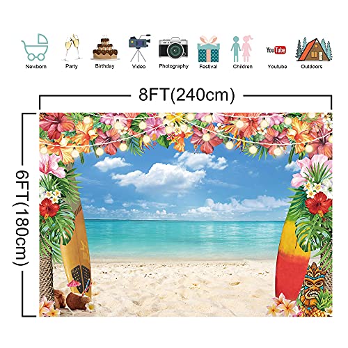8x6ft Summer Hawaiian Beach Backdrop for Photography Tropical Flower Luau Aloha Backdrop Blue Sky Ocean Palm Leaves Background Birthday Hawaiian Party Decorations Supplies Photoshoot - size: 8'x6'