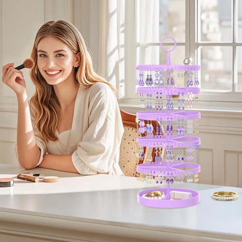 iDavosic.ly 5 Tier Rotating Earring Holder Organizer with Metal Tray, Adjustable Plastic Dangle Display Stands Tree with 285 Grooves, Large Hoop Storage Rack Tower, Purple - color: Lavender, size: 5 Tiers