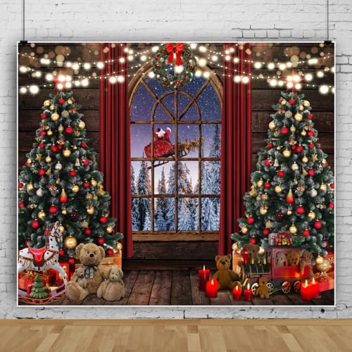 Winter Christmas Backdrop Night Xmas Tree Wood Window Santa Claus Reindeer Sleigh Retro Background Holiday Party Banner Photobooth Kid Family Portrait Wall Photoshoot Studio Props 9 * 6ft - color: Red purple, size: 9x6ft