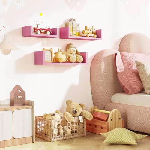 SRIWATANA Floating Shelves Wall Mounted, Solid Wood Wall Shelves, Pink - color: Pink