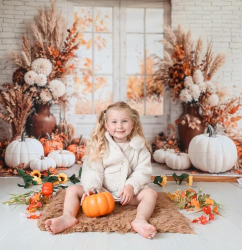 Kate Fall Photography Backdrops Autumn Harvest Pumpkin White Brick Wall Boho Theme Photography Props, 8x8ft